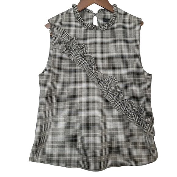 Zara Woman Tops - Zara Woman Sleeveless Plaid Top Size S Black/White/Blue Ruffle Detail Office